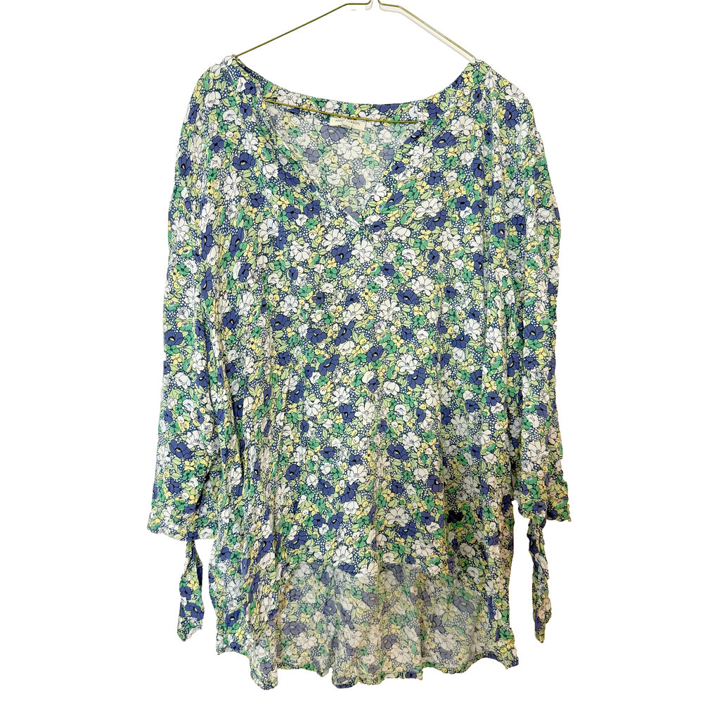 Anne Carson Floral Blouse Womens 2X Blue Tie Sleeve Boho Romantic